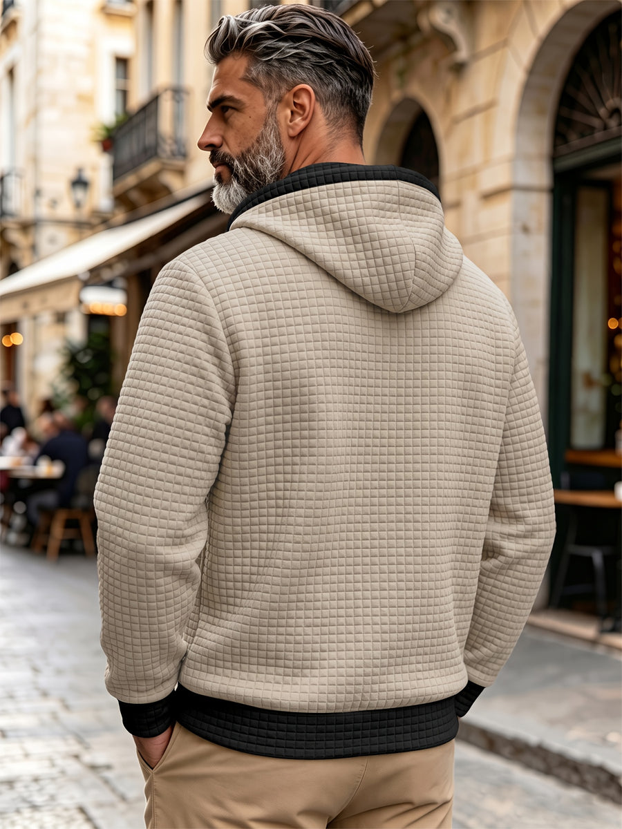 Autumn Winter Men'S Thick Jacquard Long Sleeve Cardigan Hooded Jacket Coat, Fashionable Checkered Jacquard Texture Fabric Comfortable, Suitable for Daily Outings, Outdoor Sports, Travel, And Vacation, Lightweight Comfortable Regular Fit - Khaki