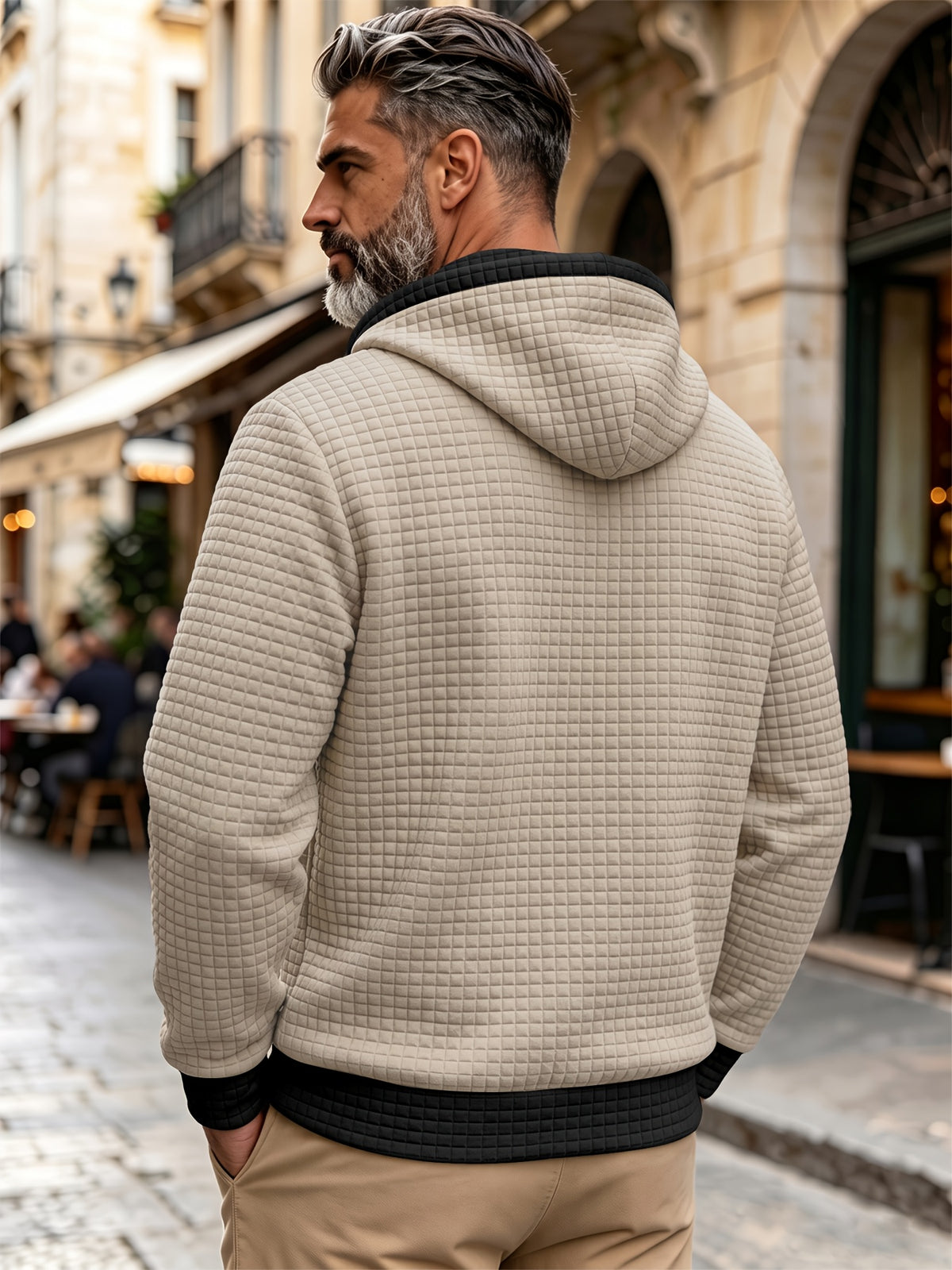 Autumn/Winter Men's Thickened Jacquard Long-Sleeve Hooded Cardigan Jacket, Fashionable Plaid Jacquard Textured Fabric, Comfortable Outerwear Suitable for Daily Outings, Outdoor Sports, Travel, and Vacations. Lightweight and Comfortable with a Regular - Khaki
