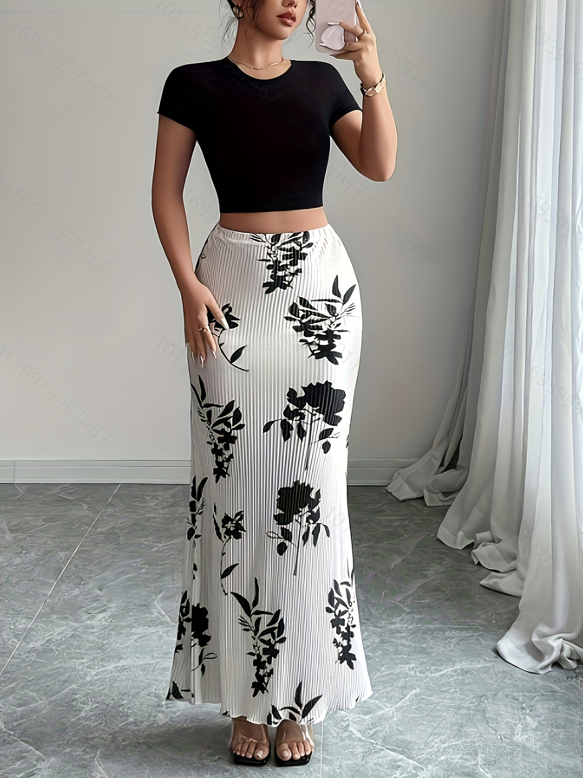 Elegant Women's Skirt with Black and White Contrast Print, Fashionable Single Item - White