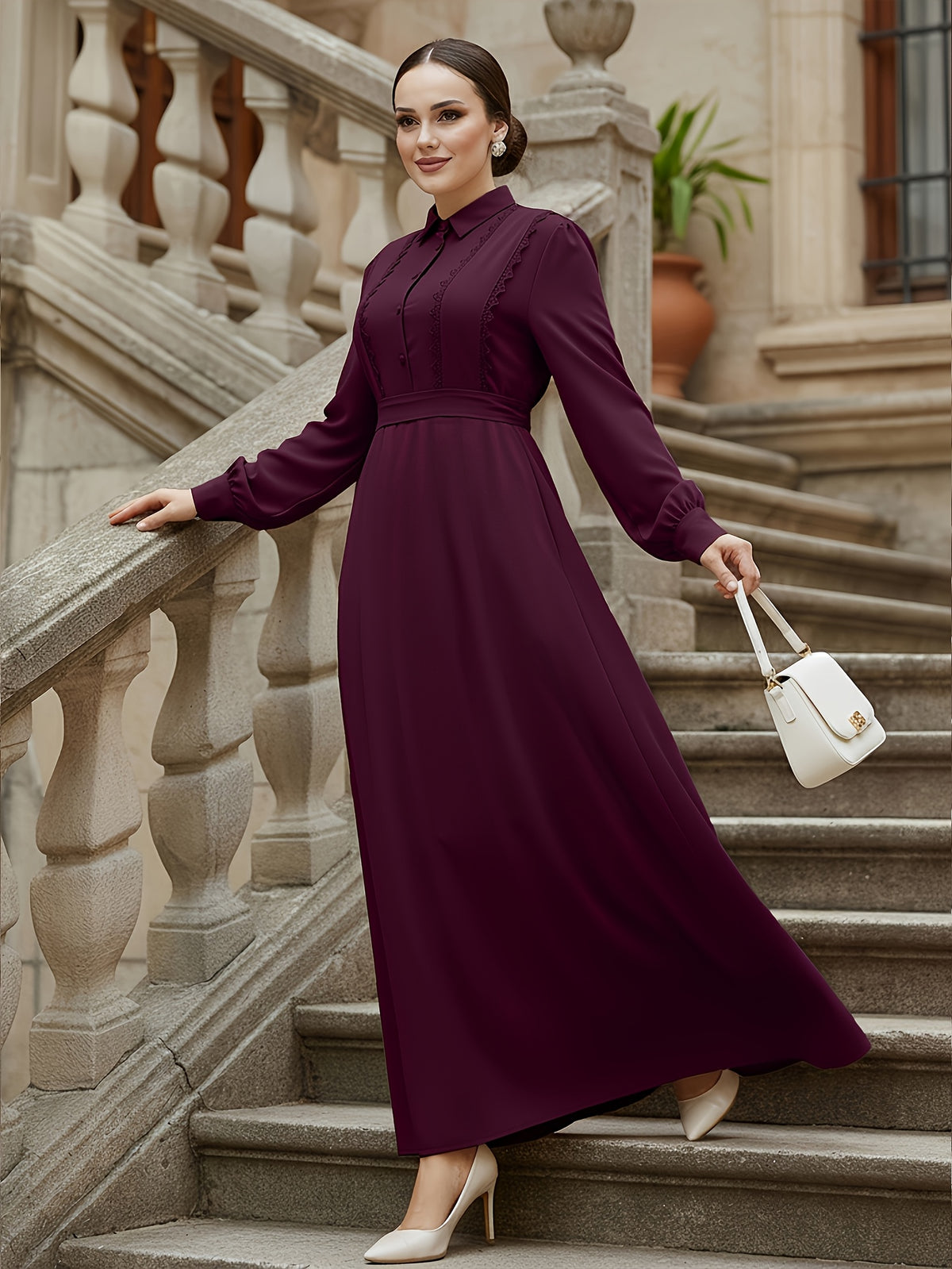 Middle Eastern Muslim Women's Elegant Solid Color Lapel Lace Patchwork Front Button Tie-Up A-Line Abaya Robe - Deep Purple