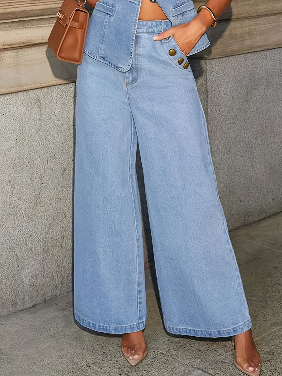 NEW Style Light Blue Washed Wide-Leg Jeans for, Casual and Elegant, Versatile, with Elastic Fabric, Suitable for Casual Outings - Light Blue