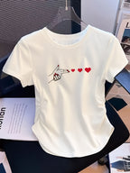 Trendy Women'S Casual Hot Style Shopping Detail Waist-Cinching Round Neck Printed T-Shirt - White