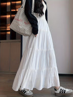 Fashion White French Long Skirt Elastic Adjustable Waistband A-Line Design with Lining Anti-Exposure Half Skirt Women'S - White