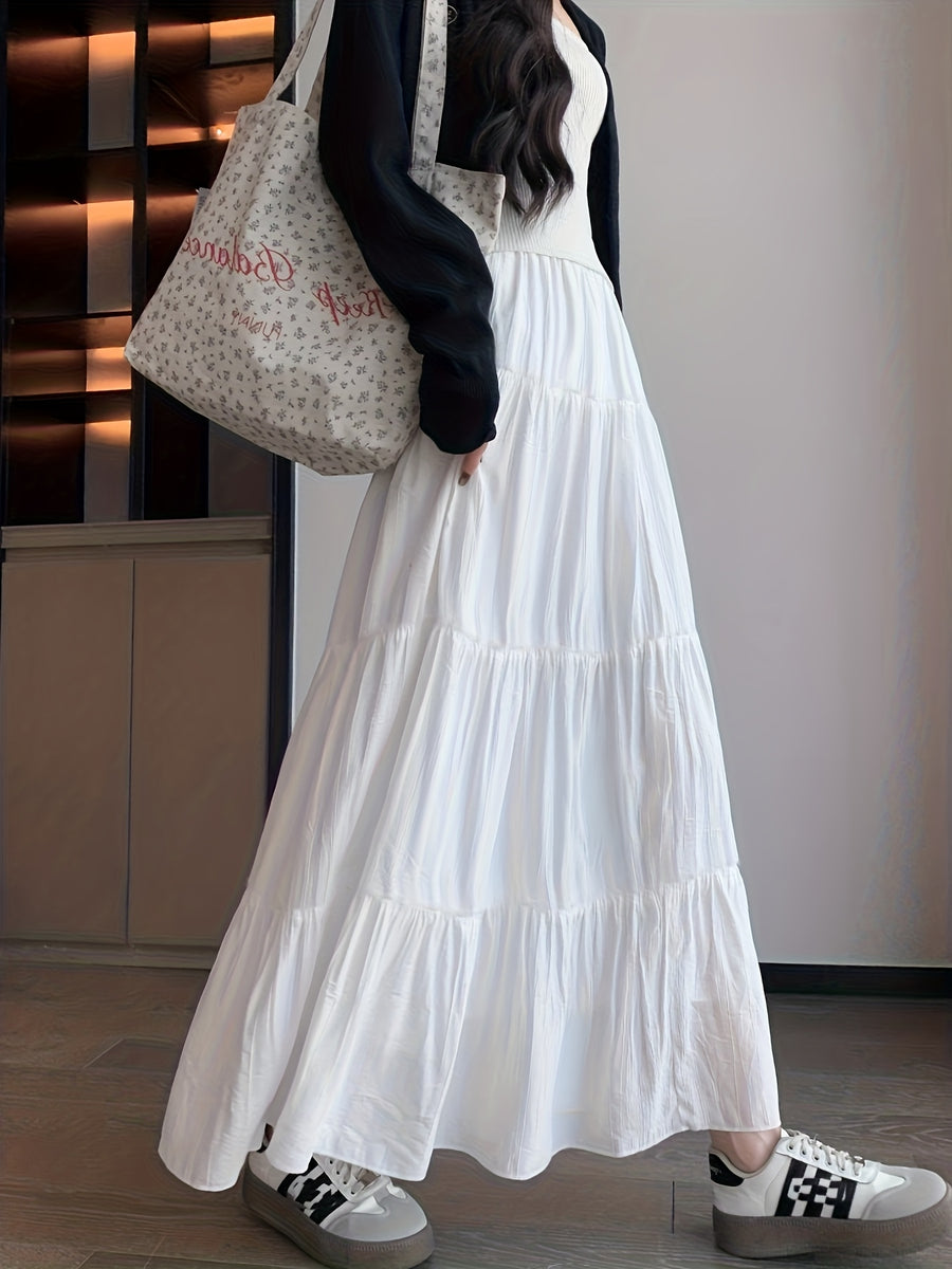 Fashion White French Long Skirt Elastic Adjustable Waistband A-Line Design with Lining Anti-Exposure Half Skirt Women'S - White