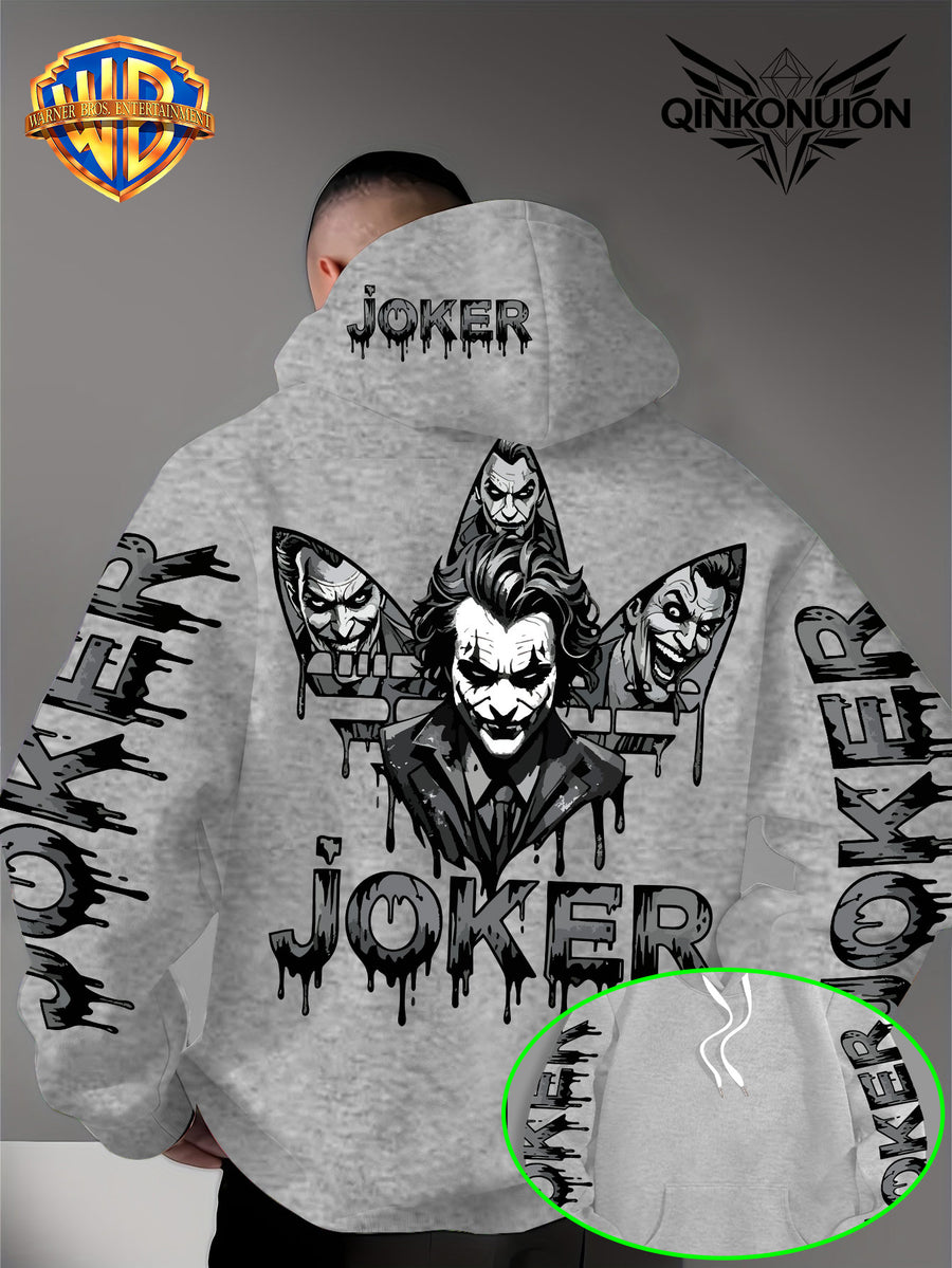 Warner Official Men's Hoodie, Multi Sided Clown Dark Dripping Graffiti Trendy Brand Printed Design, Machine Washable, Warm and Casual for Autumn and Winter, Daily Drawstring Hoodie, Multi Functional Sports and Leisure Loose Version - Light Grey