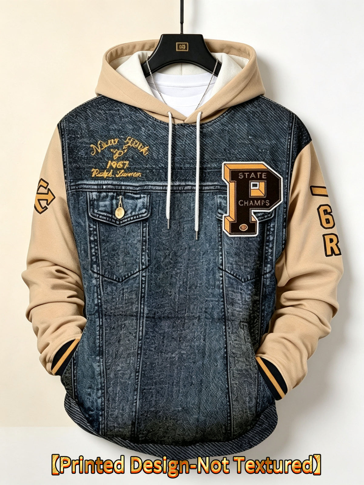 Digital Print - Men'S Hooded Drawstring Sweatshirt, Faux Denim Vintage Letter Print, Pullover Hooded Drawstring Style, Suitable for Men, Ideal for Casual Outings, Outdoor Activities, And Casual Gatherings, American Retro Preppy Style - Mixed colors