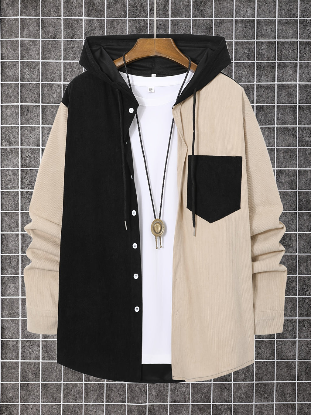 Color-Block Hooded Long Sleeve Shirt Men'S Jacket Spring Autumn Casual Versatile Shirt - Black