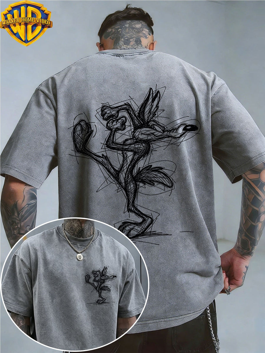 Officially Licensed by Warner. Featuring The Cartoon Print of Le Yitong'S Mischievous Wolf. This Men'S Distressed T-Shirt Is a New Summer Style with Faded And Retro Look. Perfect for Daily Wear - Grey
