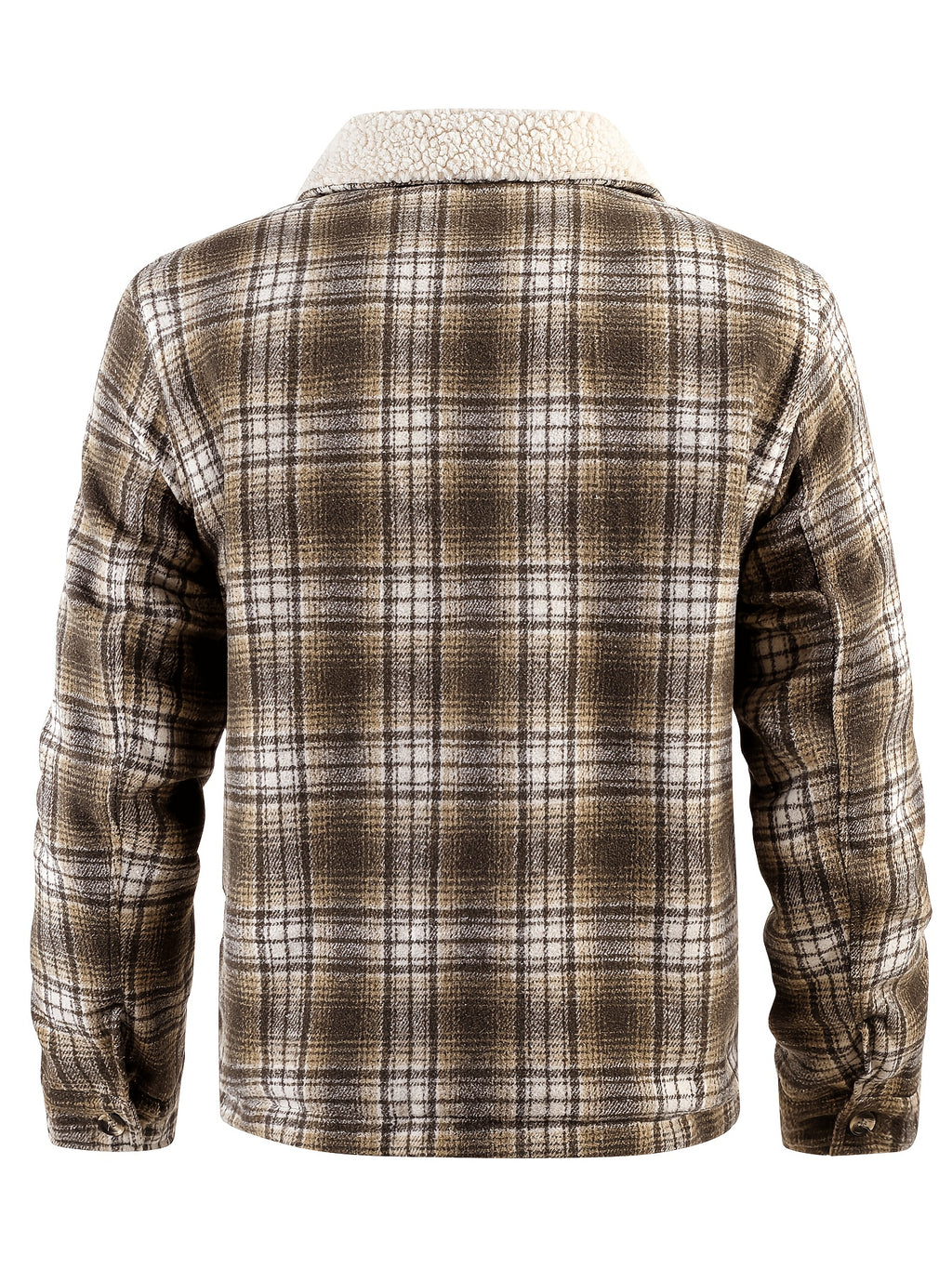 Plaid Men'S Thick Velvet Jacket, Lapel Zipper Cardigan Jacket, Casual Warm Plaid Top, Workwear Pocket Autumn And Winter Jacket, Daily Wear Outerwear - Khaki