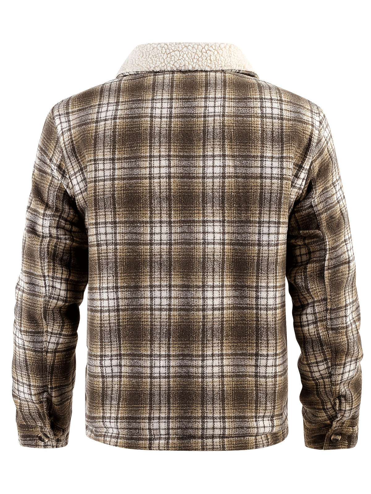 Plaid Men'S Thick Velvet Jacket, Lapel Zipper Cardigan Jacket, Casual Warm Plaid Top, Workwear Pocket Autumn And Winter Jacket, Daily Wear Outerwear - Khaki