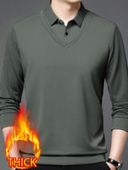 Autumn/Winter Men's 2-in-1 Look Shirt Collar Top with Striped Sleeves, Thick and Warm, Well-Fitted Cut, Versatile Pullover for Commuting - Green
