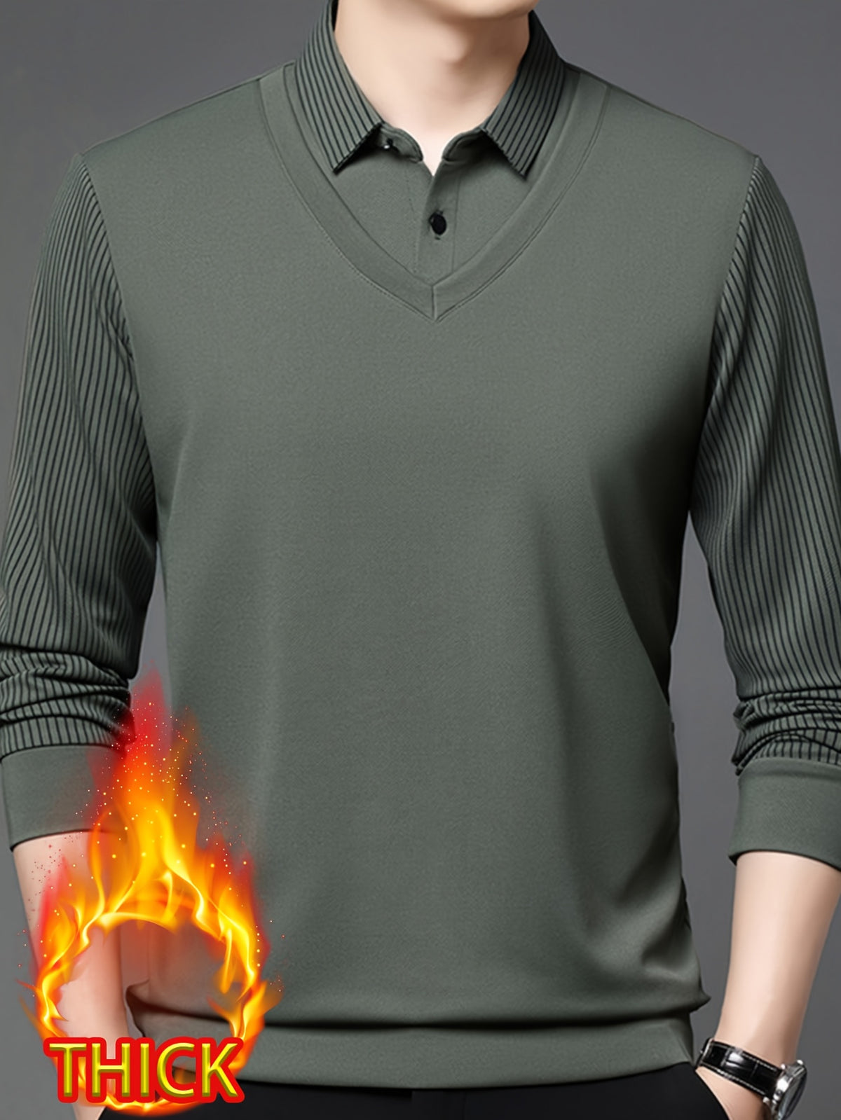 Autumn/Winter Men's 2-in-1 Look Shirt Collar Top with Striped Sleeves, Thick and Warm, Well-Fitted Cut, Versatile Pullover for Commuting - Green