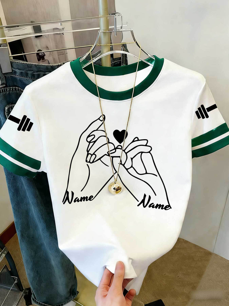 20pcs Women's Colorblock T-Shirt Single Piece, Hand-Drawn Line Art Couple Holding Hands with Heart Print, Colorblock Summer  Sleeve Crew Neck Short Sleeve T-Shirt - Breathable Crew Neck Casual Sport Top, Loose Fit Spring Festival Trendy Apparel - Green + White