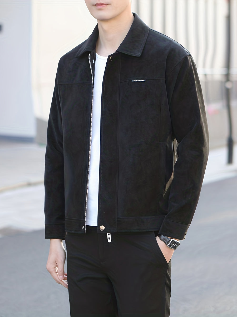 Men's Spring/Autumn Lapel PU Leather Business Casual Short PU Jacket Outerwear - Black