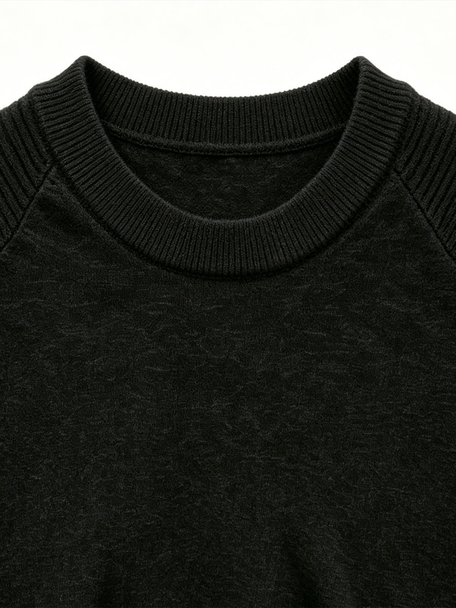 Shoulder-Yoke Round Neck Short Sleeve Knit Sweater Men'S Casual Thin Breathable Slim Fit Half Sleeve Top Daily Basic Print T-Shirt - Black