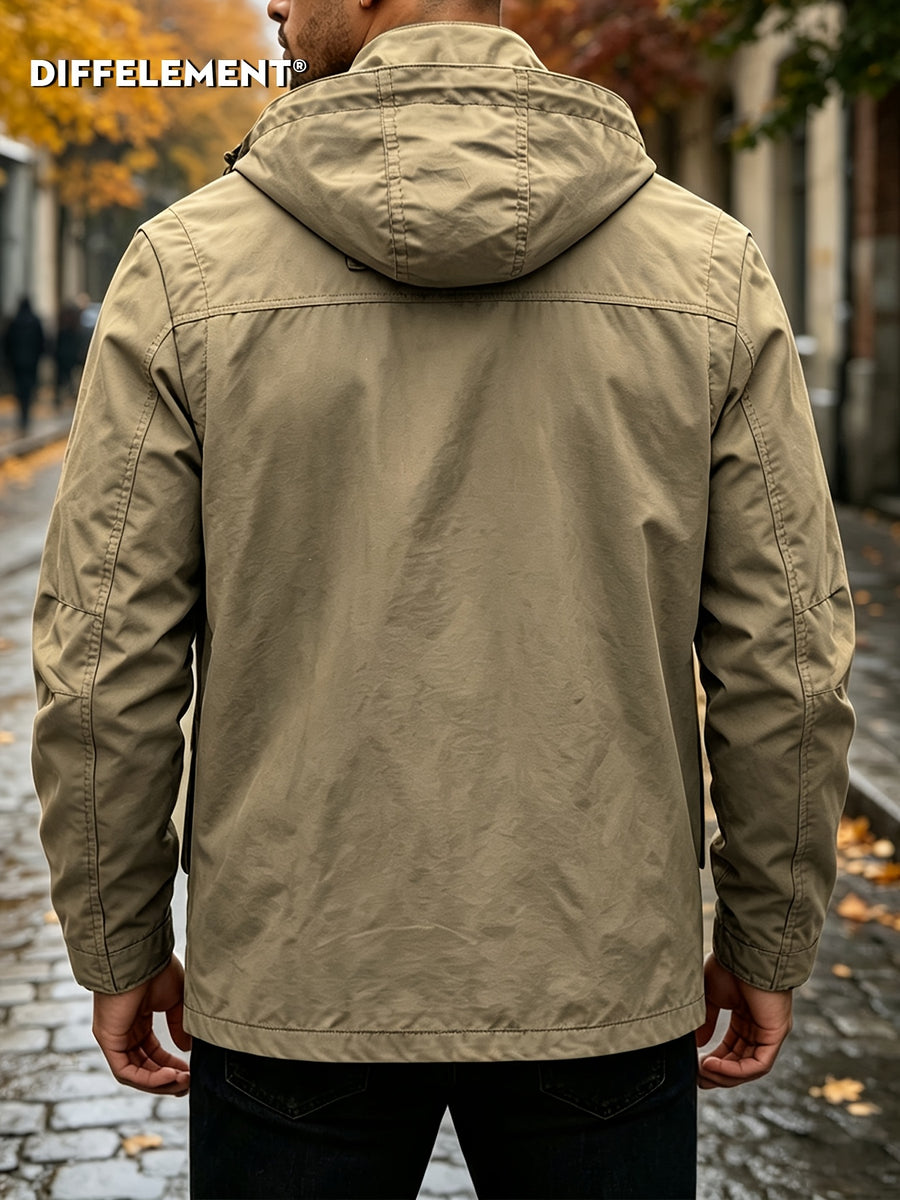 Men'S Detachable Sleeve Drawstring Hooded Multi-Pocket Utility Jacket, Reversible Wrinkle-Resistant Breathable Durable Woven Fabric, Fitted Short Length Spring Autumn City Commute Outdoor Hiking Style, Street Hiking Fishing Multi-Scene Wear - Khaki