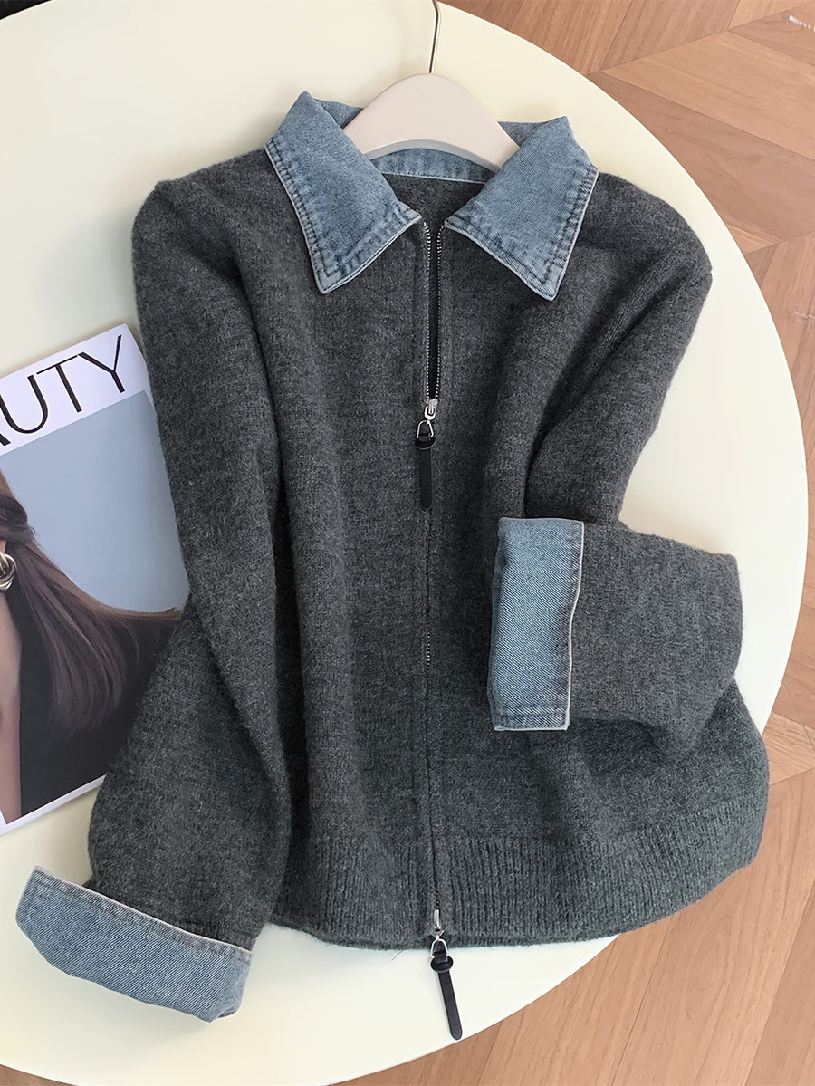 New Autumn/Winter Women's Fashion: Elegant and Stylish Denim Collar Patchwork Zipper Cardigan Sweater Jacket - Grey