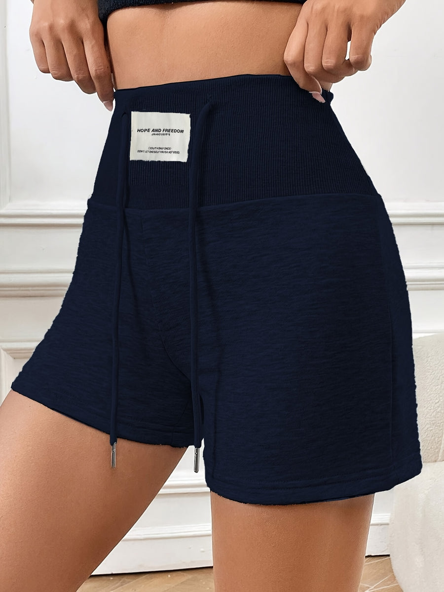 Women's Summer Casual High-Waist Contrast Ribbed Drawstring Solid Color Slim-Fit Hot Shorts for Casual Attire - Navy Color