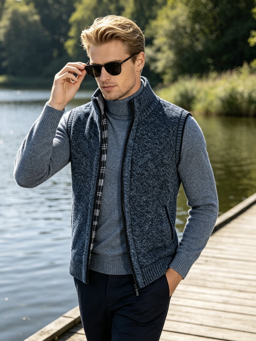 Men'S Stand Collar Zip-Up Vest, Thick Warm Sleeveless Sweater Waistcoat Gilet, Casual Fall Winter Outerwear Sleeveless Cardigan for Daily Commute Outdoor Street Wear - Grey Blue