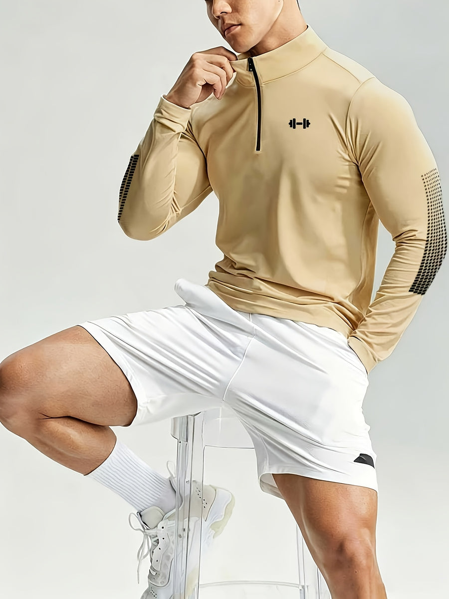 Single Top Casual Athletic Stand-Up Collar Zipper Polo Shirt, Men'S Slim Fit Athletic Polo Shirt, Soft Fiber with Moisture Wicking, Quick Drying, And Wrinkle Resistant Properties, Suitable for Sports Or Outdoor Activities - Khaki