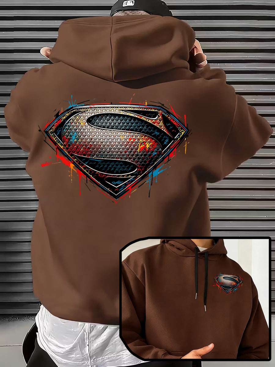 WB Men's & Unisex Superman S Logo Hoodie Sweater - Official Licensed Plush Hooded with Iconic Superman Print, Adjustable Drawstring Hood, Loose Fit for Winter Warmth, Machine Washable Casual Apparel Suitable for Autumn - Coffee Brown