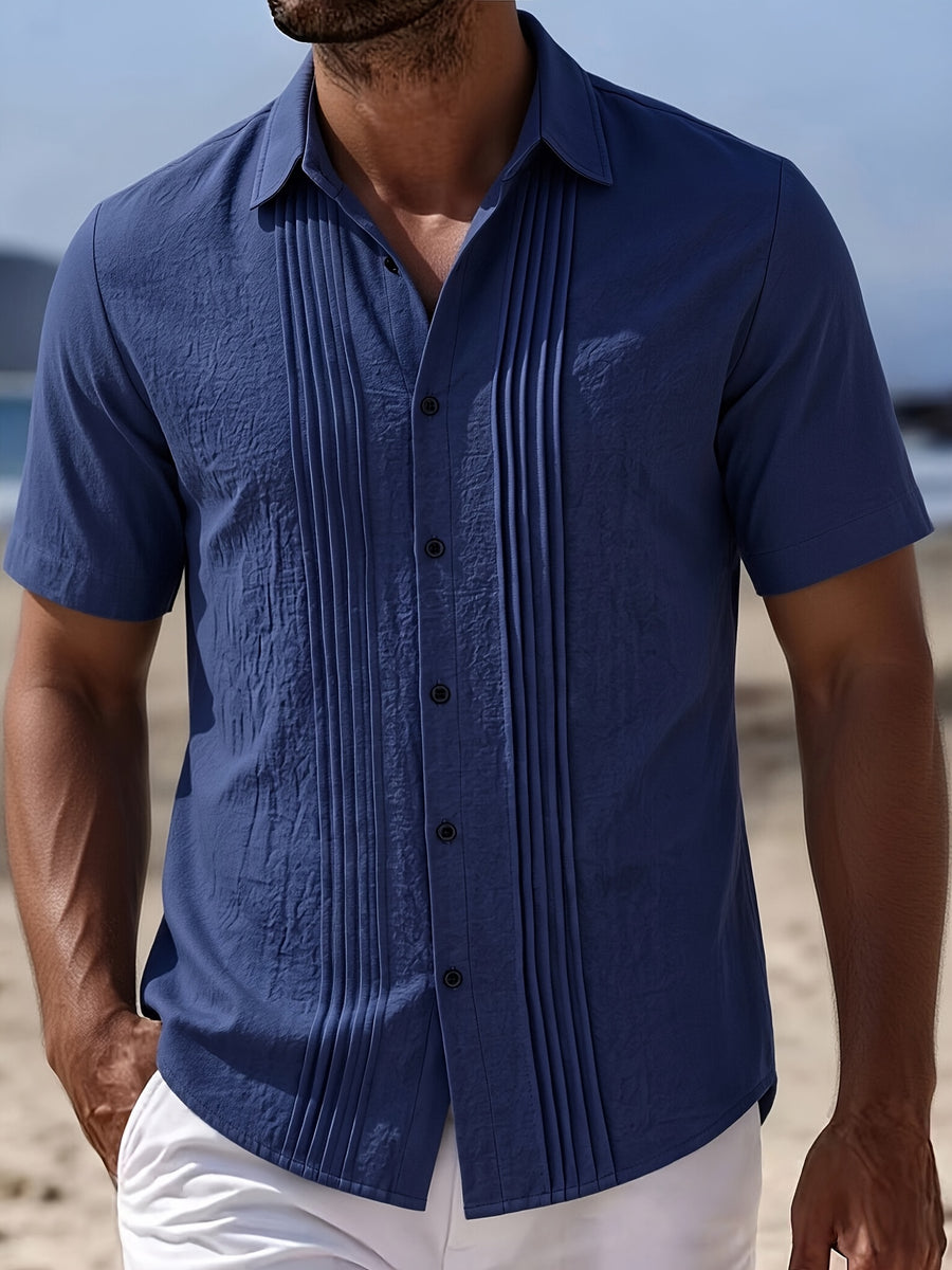 Men's Solid Color Button-Up Lapel Collar Short Sleeve Shirt - Breathable Textured Linen Button-Front Collar Shirt Suitable for Beach, Casual & -Casual Wear, Summer Office Outfits - Non-Stretch Button Collar - Navy Color