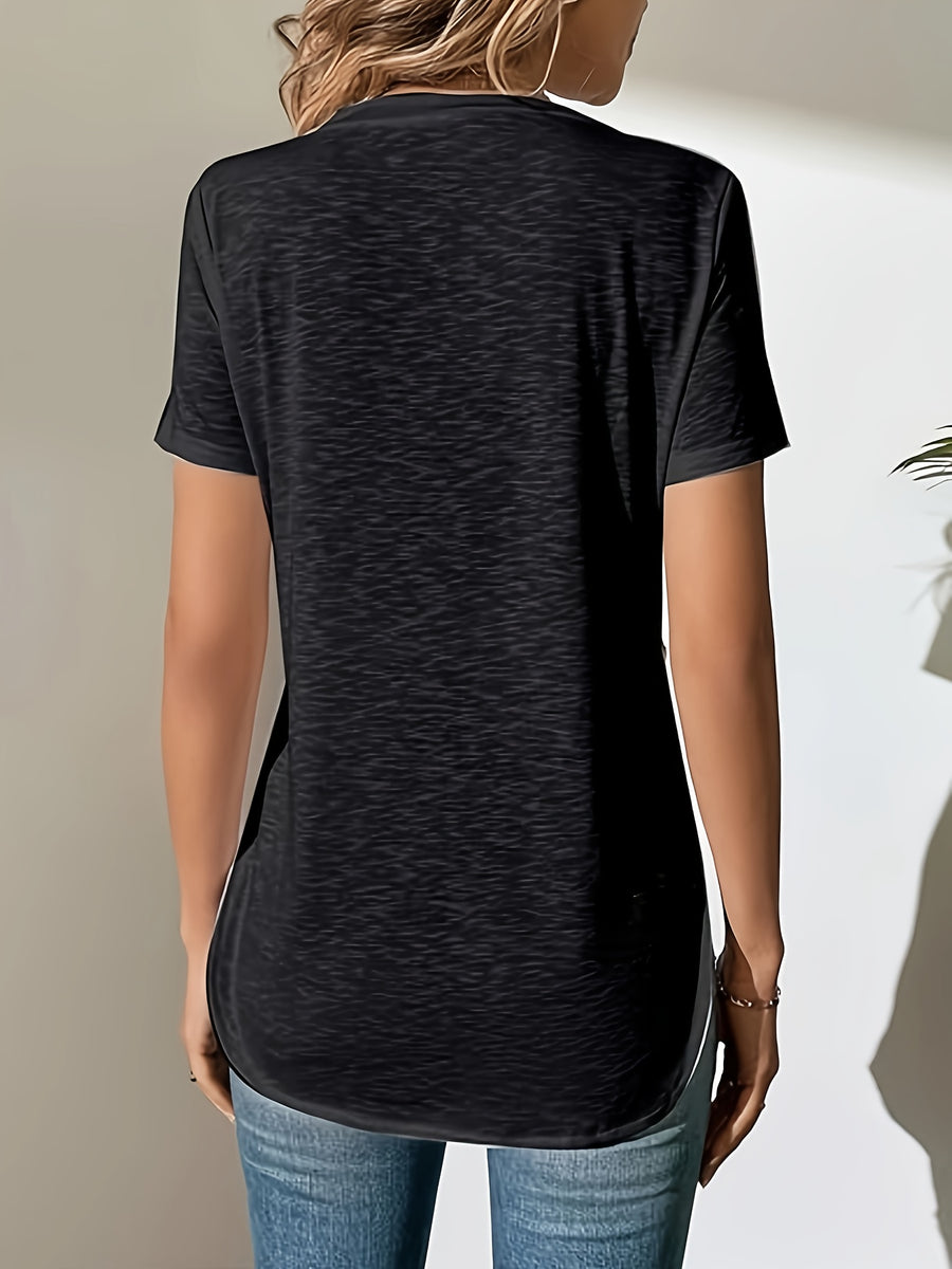Bamboo-Section Micro-Sheer V-Neck Side-Slit Casual T-Shirt - Black
