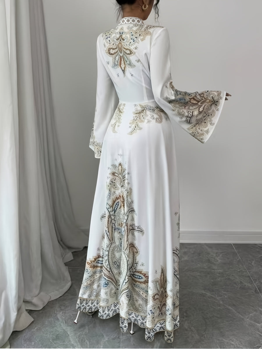 Women's Elegant Middle Eastern-Inspired Floral Print Dress - Long Sleeve Knee-Length Loose Fit with Small Stand-Up Collar & Button Front, All-Season Casual Vacation Resort Wear, Long Sleeve Maxi Dress, No Stretch Fabric - White