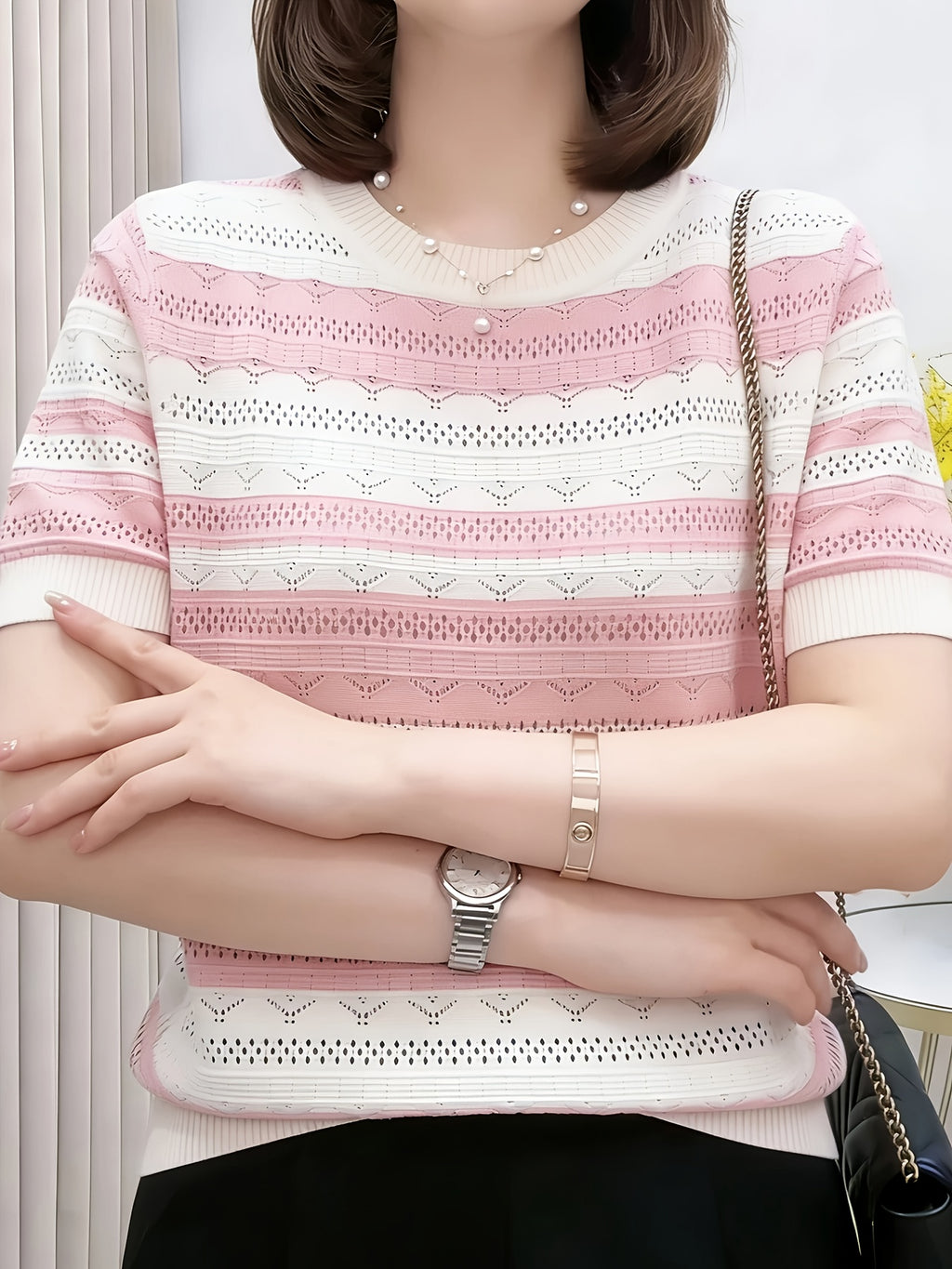 Summer Round Neck Hollow Color Blocking Short-Sleeved Top, Korean Style Color Blocking Striped Hollow Sweater Women'S Summer Round Neck Thin Short-Sleeved Top Fashionable Versatile Breathable Comfortable Inner Wear Outer Wear T-Shirt - pink color