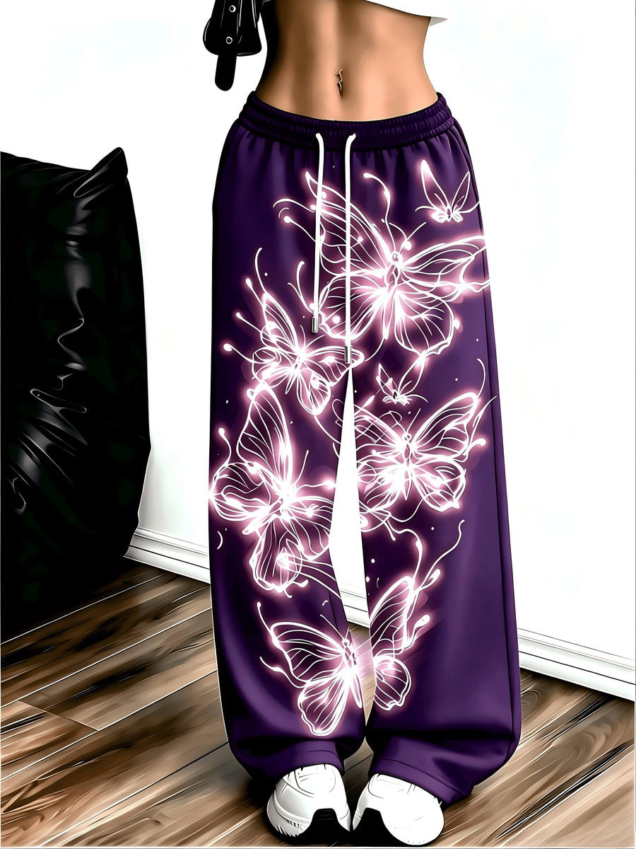 Women's Neon Butterfly Glow-in-the-dark Pattern Jogging Pants with Pockets, Elastic Waistband, and Straight-leg Design - Deep Purple