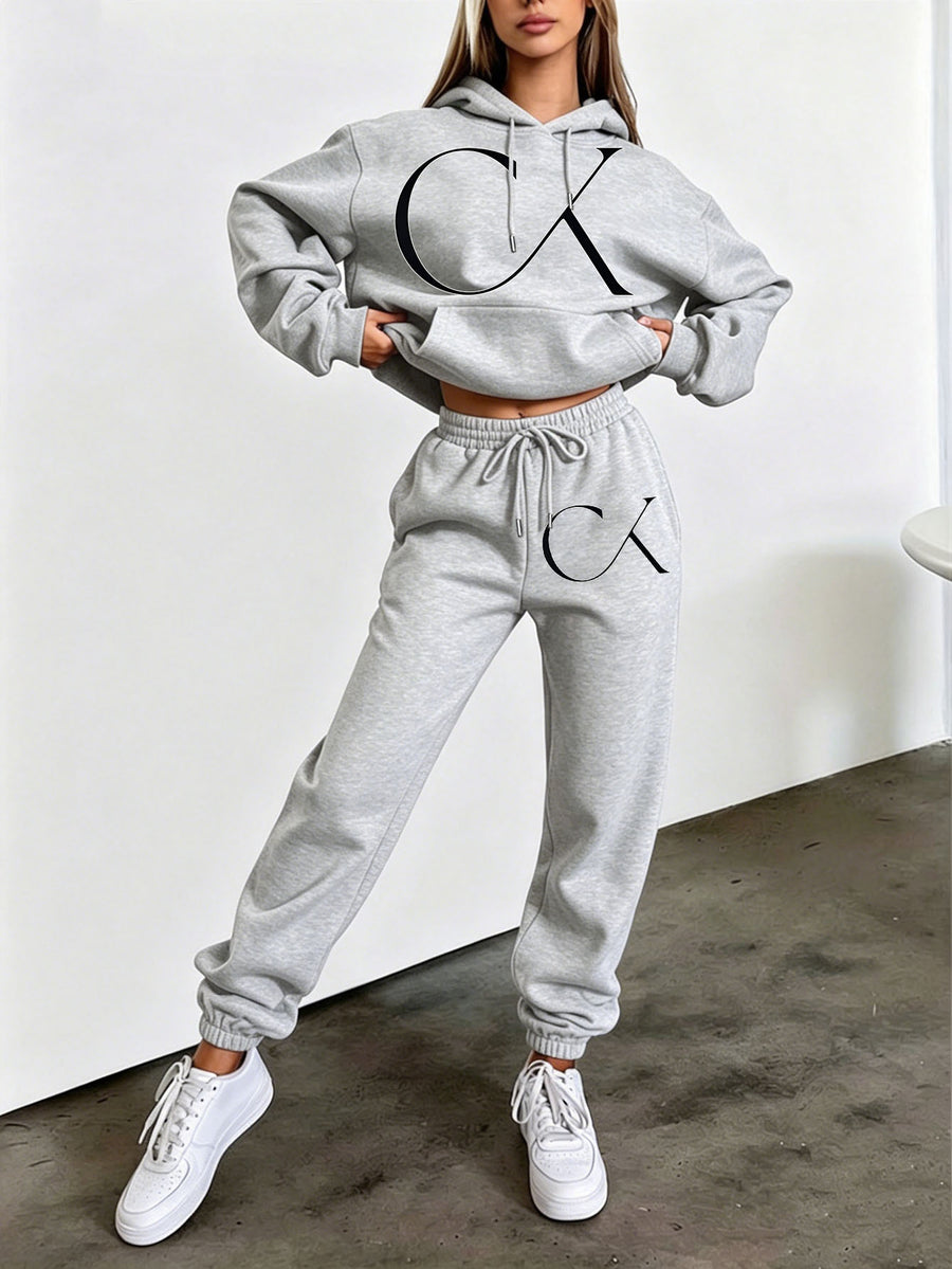 Autumn Winter Trendy Fashion Hooded Drawstring Sweatshirt And Sweatpants Women'S Set, Letter Print, Minimalist Light Luxury Style, Hooded Drawstring Design, Sweatshirt with Kangaroo Pocket, Comfortable Cold Weather Outfit, Classic Silhouette - Light Grey