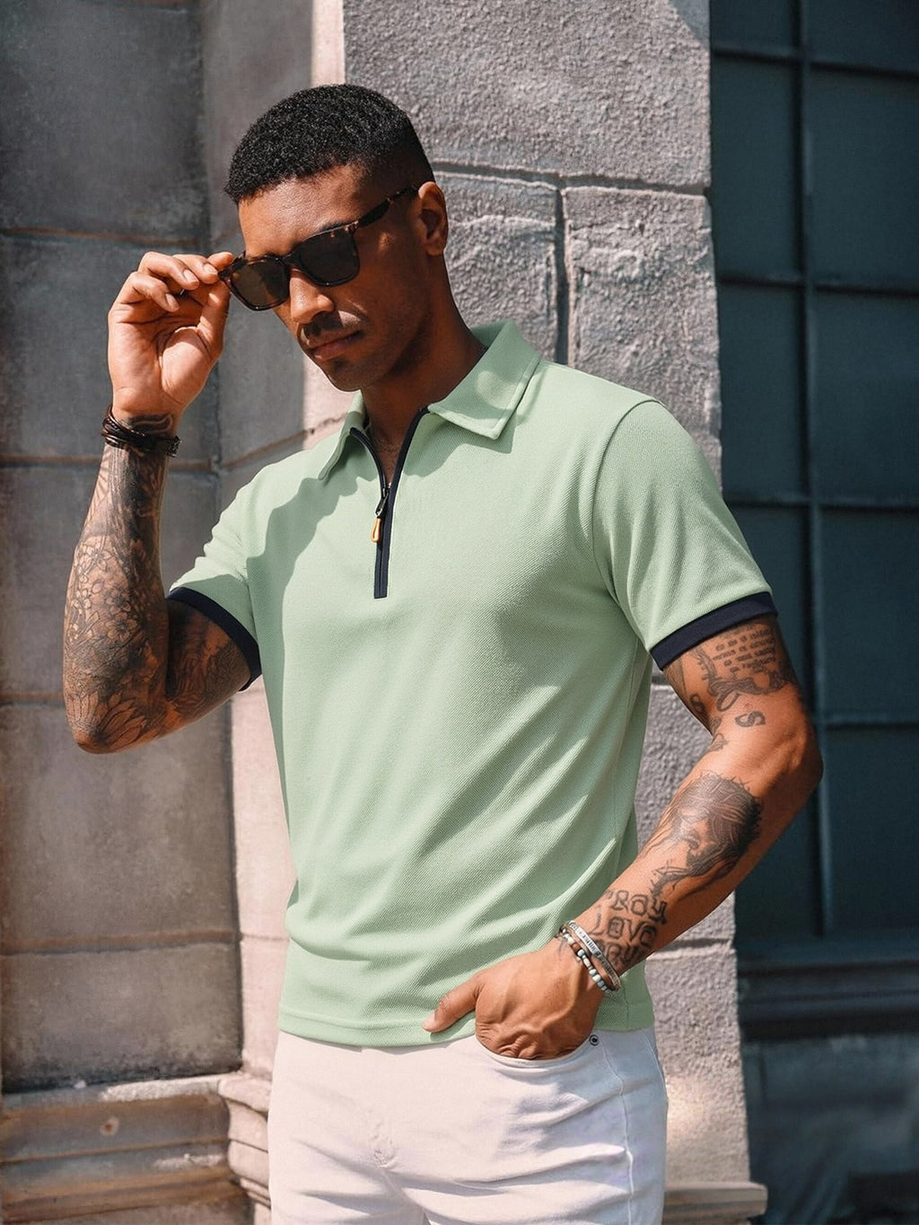 Summer New Men'S Half-Zipper Collar Short Sleeve Polo Shirt Casual Loose All-Match Polo Shirt - Bean Green