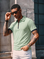 Summer New Men'S Half-Zipper Collar Short Sleeve Polo Shirt Casual Loose All-Match Polo Shirt - Bean Green