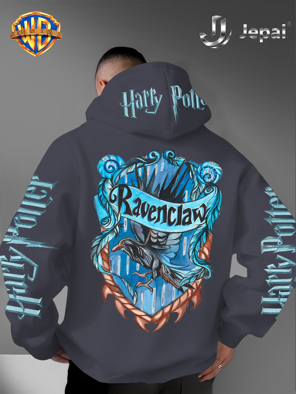 Warner Bros. Official, Trendy Cool American Street Style Harry Potter Badge Print Hooded Sweatshirt, Unisex American Street Style Long-Sleeve Top, Suitable for Daily and Outdoor Activities, an Excellent Warm Outerwear Choice for Autumn and Winter! - Dark Gray