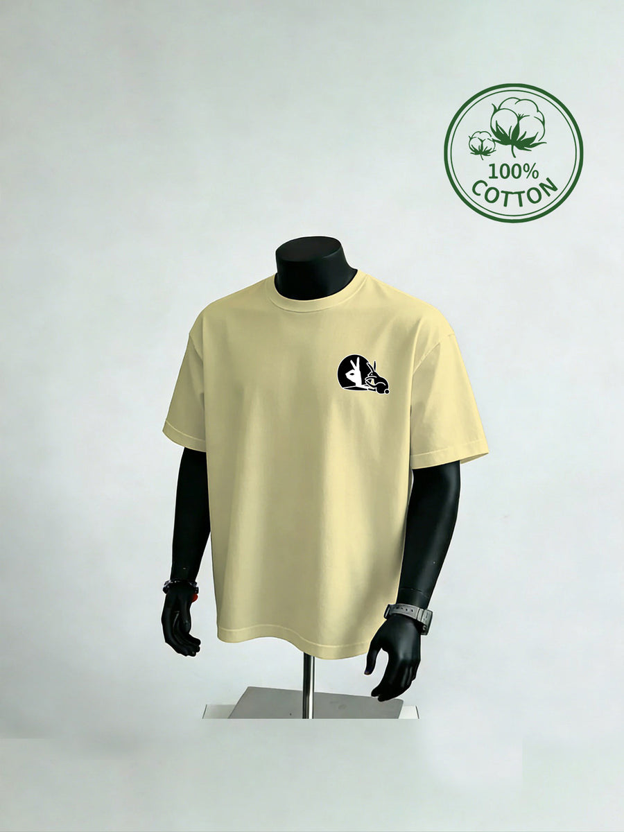 New Summer Style Men's Casual Sportswear with Rabbit Hand Shadow Print, Pure Cotton Short Sleeve, Moisture-Wicking and Sweat-Absorbing, Comfortable for Casual Streetwear and Outdoor Sports & Fitness - Apricot