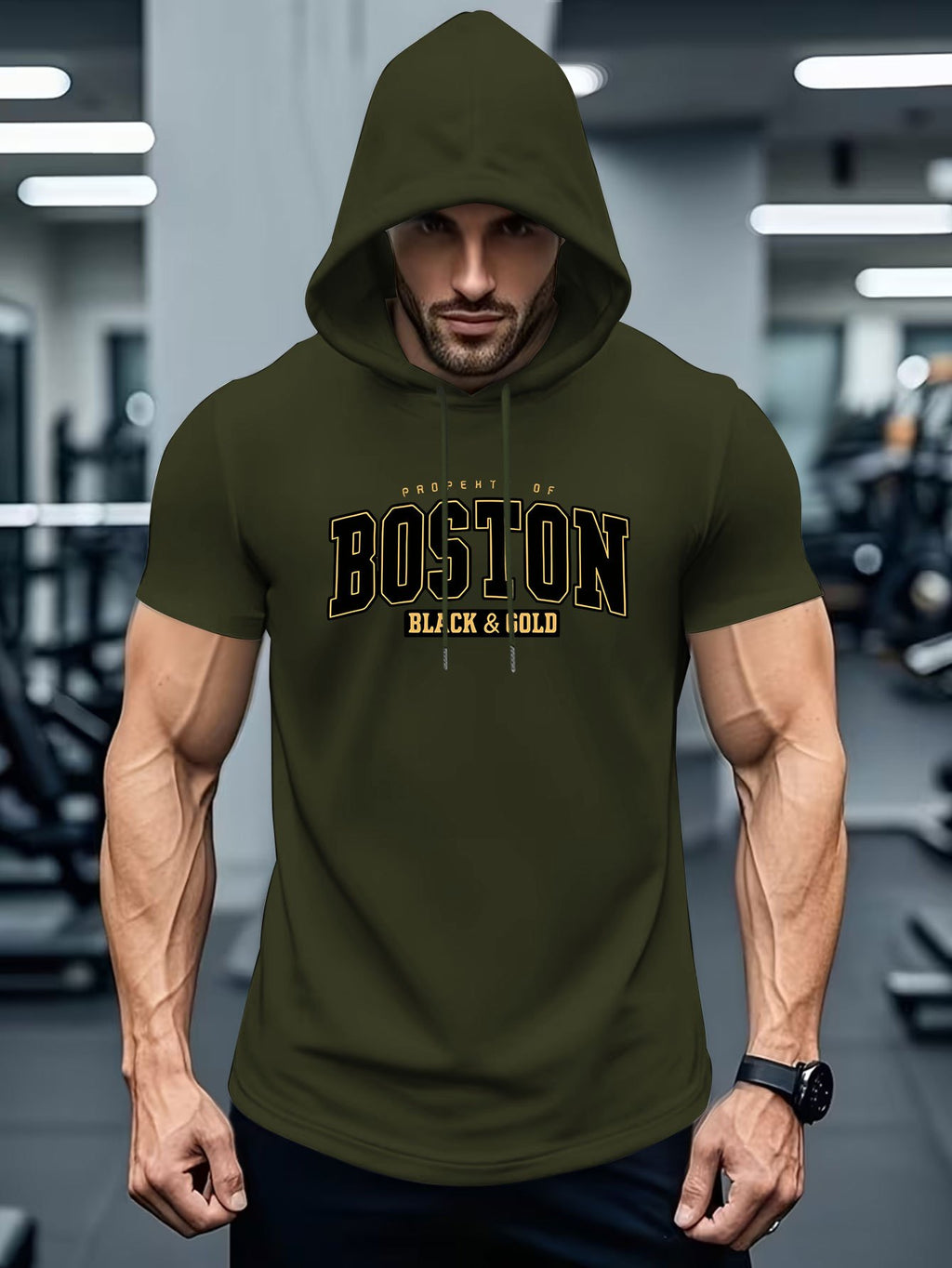 American Urban Element Style! BOSTON Lettering And BLACK & Golden Slogan Print, Hooded T-Shirt for City Sentiment - Olive Green