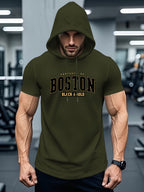 American Urban Element Style! BOSTON Lettering And BLACK & Golden Slogan Print, Hooded T-Shirt for City Sentiment - Olive Green