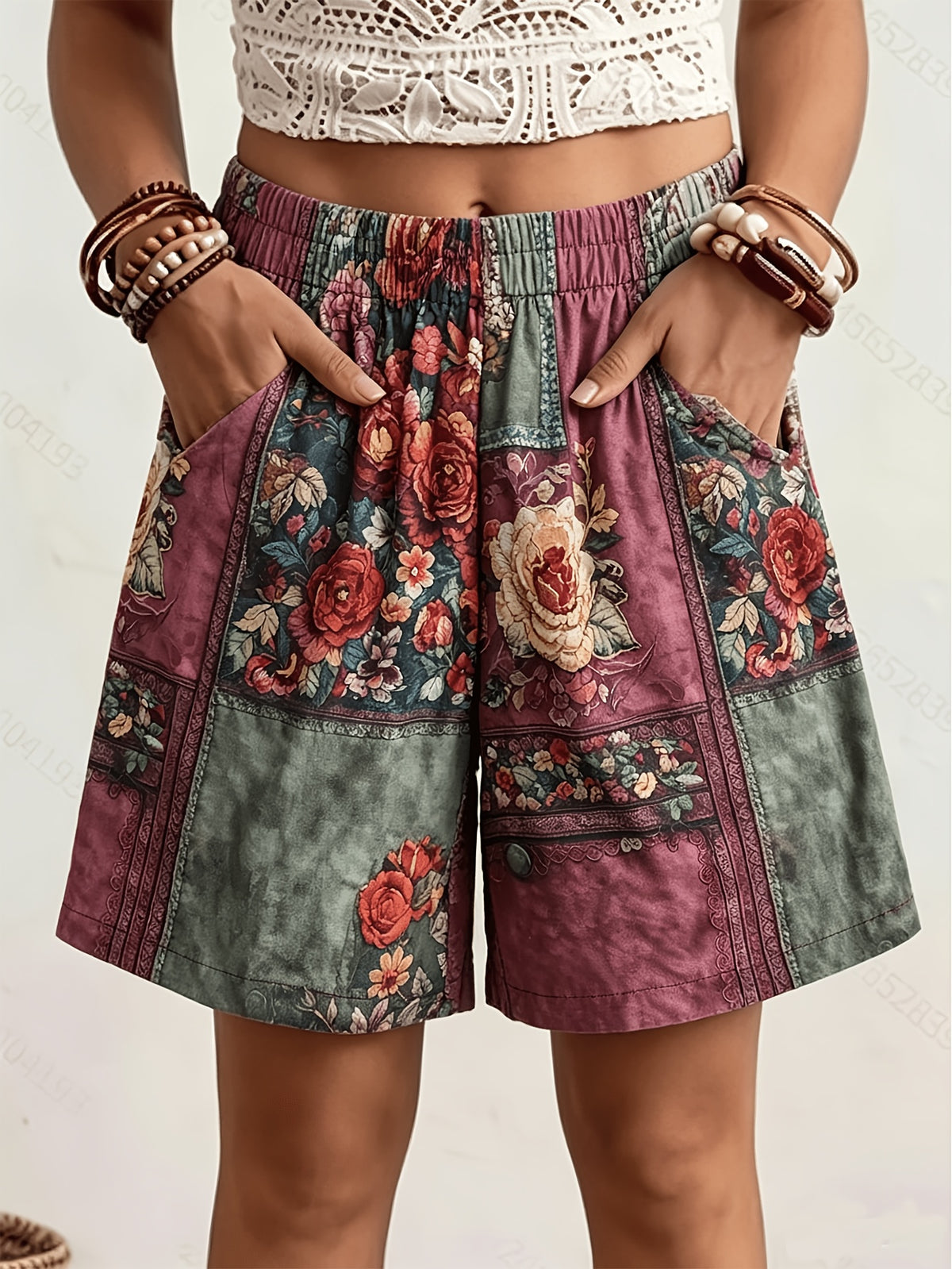 Ethnicity Retro Bohemia Patchwork Flowers Women'S Art Print And Casual Short Pants - Mixed colors