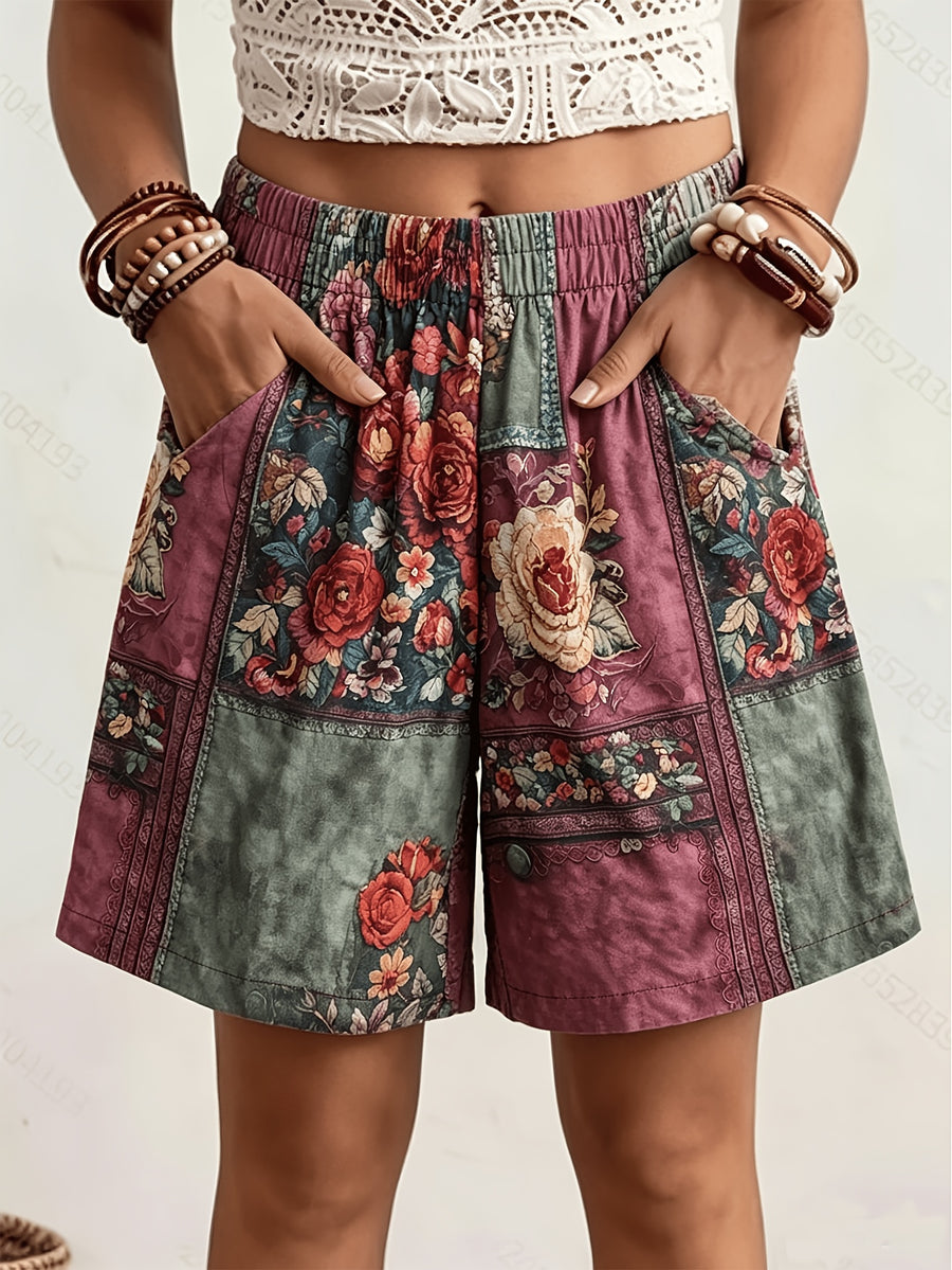 Ethnicity Retro Bohemia Patchwork Flowers Women'S Art Print And Casual Short Pants - Mixed colors