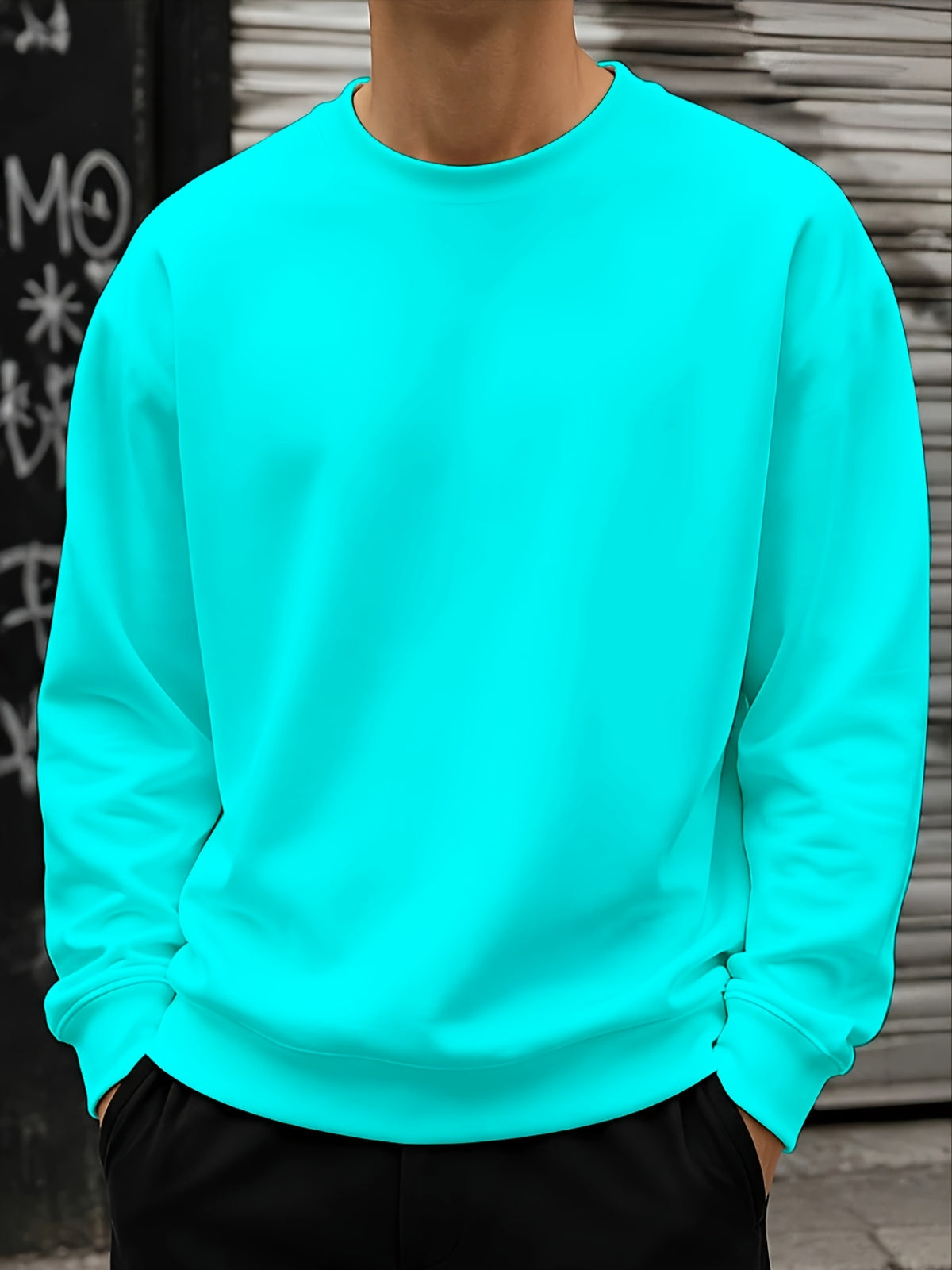 (Print Design - Not Textured) Men'S Round Neck Sweatshirt, Lake Blue Solid Color Casual Street Fashion Versatile Top, Autumn New Trendy Loose Pullover for Youth And Students, Random Print - Mixed colors