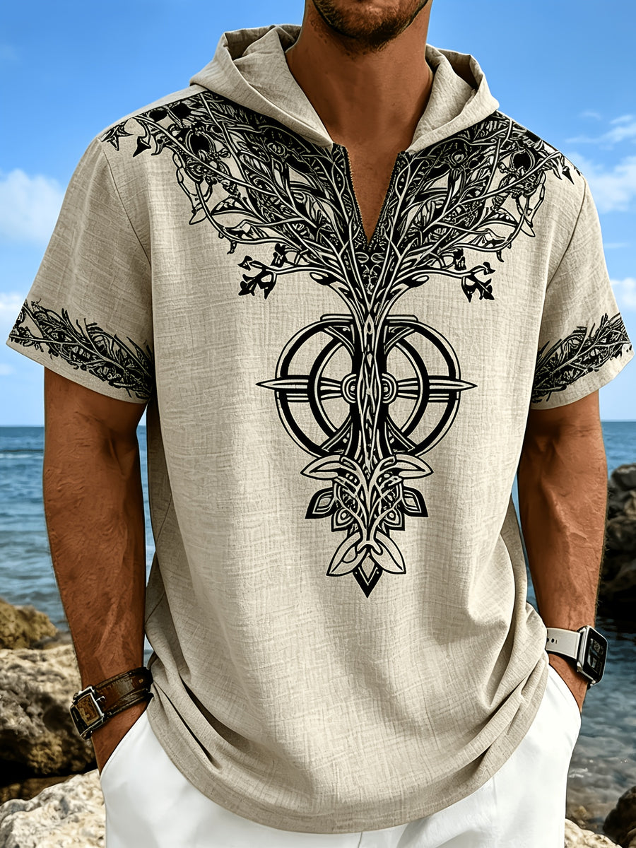 Men's Tree of Life Hooded T-Shirt - European & American Streetwear Style Short-Sleeve Top with Hood, Tree of Life Print, Machine Washable Regular Fit Casual Shirt Suitable for Casual Attire, Brand Label - Apricot