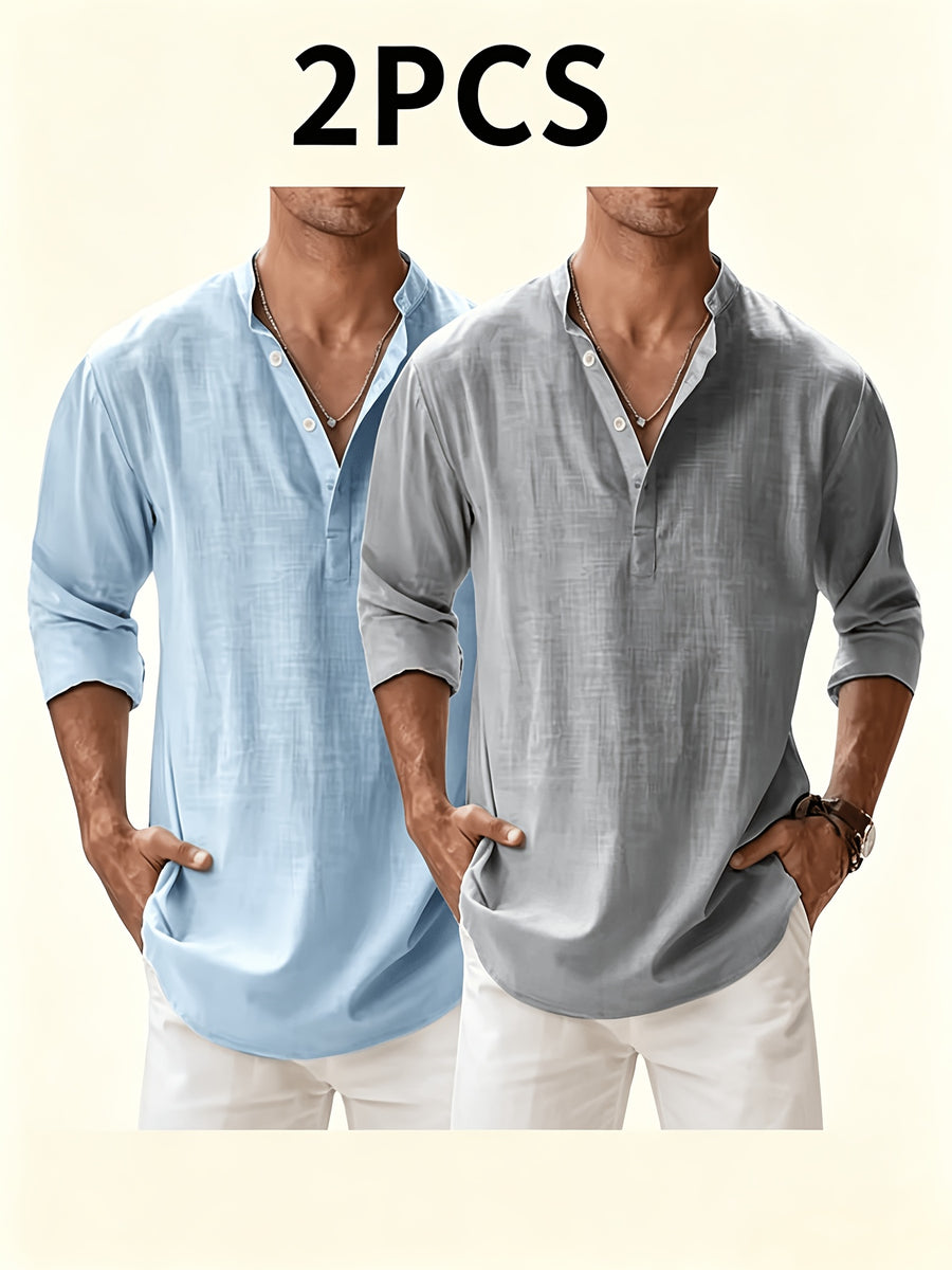 Men'S Solid Color Stand Collar Linen Long Sleeve (2-Pc), Breathable And Comfortable, Suitable for Spring And Autumn Wear - Sky Blue+gray