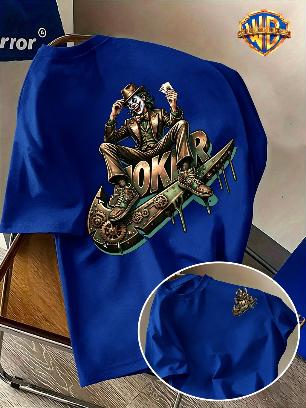 Warner Bros. Official Licensed Men'S Short Sleeve T-Shirt, DC Genuine Mechanical Gear Joker JOKER Print Design, Double-Sided Retro Industrial Style Print, American Retro Streetwear Trendy Style, Spring/Summer Top, Regular Fit, Suitable for Outdoor - Royal Blue