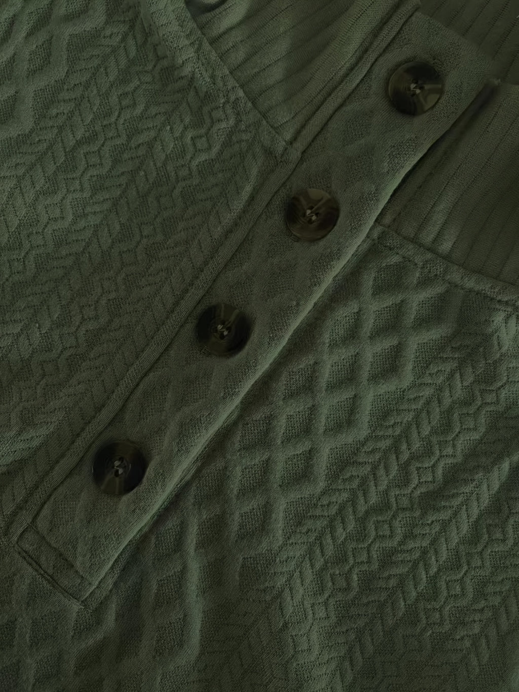 Men's Stand Collar Textured Jacquard Knit Henley Shirt with Light Luxury Buckle Patchwork, Long Sleeve Autumn/Winter Business Top - Green