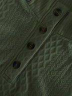 Men's Stand Collar Textured Jacquard Knit Henley Shirt with Light Luxury Buckle Patchwork, Long Sleeve Autumn/Winter Business Top - Green