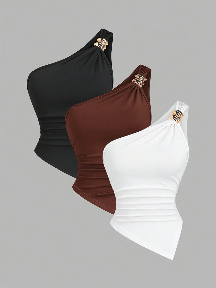 3pcs Set, Women's Solid Color Minimalist Asymmetrical Collar Metal Clasp Off-shoulder Top - Black+brown+white