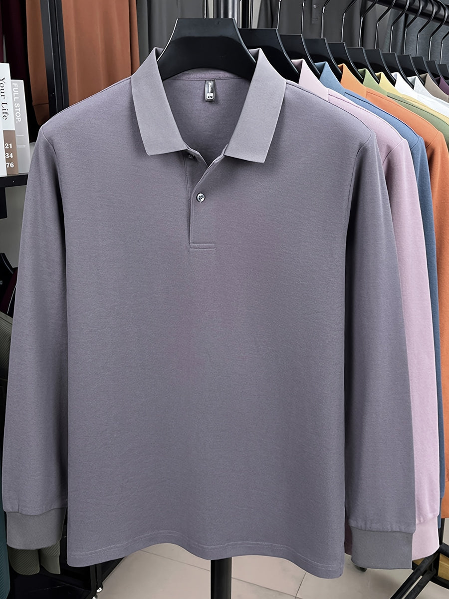 Spring and Autumn Men's Lapel Polo Shirt, Fashionable Solid Color Base Layer Top, Versatile Business Casual Long Sleeve T-Shirt, Suitable for Daily Work Scenes, The Best Gift for Friends and Relatives - Gray Purple