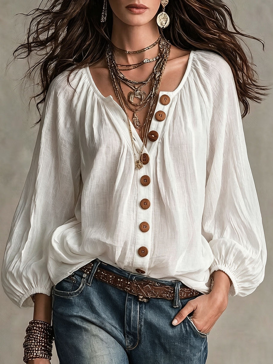 Western Cowgirl Bohemian Loose Blouse for Women, Crinkle Textured Fabric Half Placket Wooden Button Top, Lantern 3/4 Sleeve Flowy Beach Holiday Shirt - White