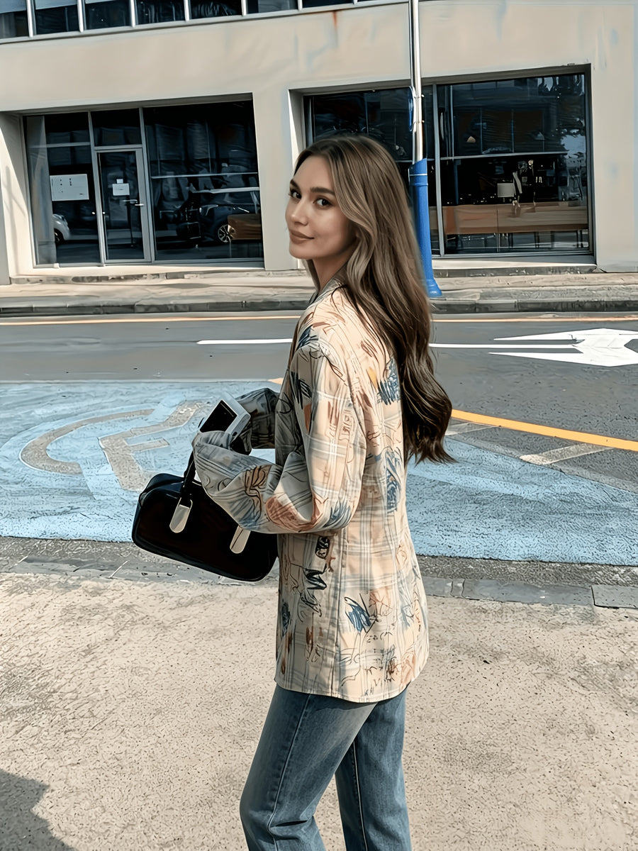 Design-Oriented Graffiti Print Statement Blazer Women'S Unique Special Trendy All-Match Suit Top - Multicolor
