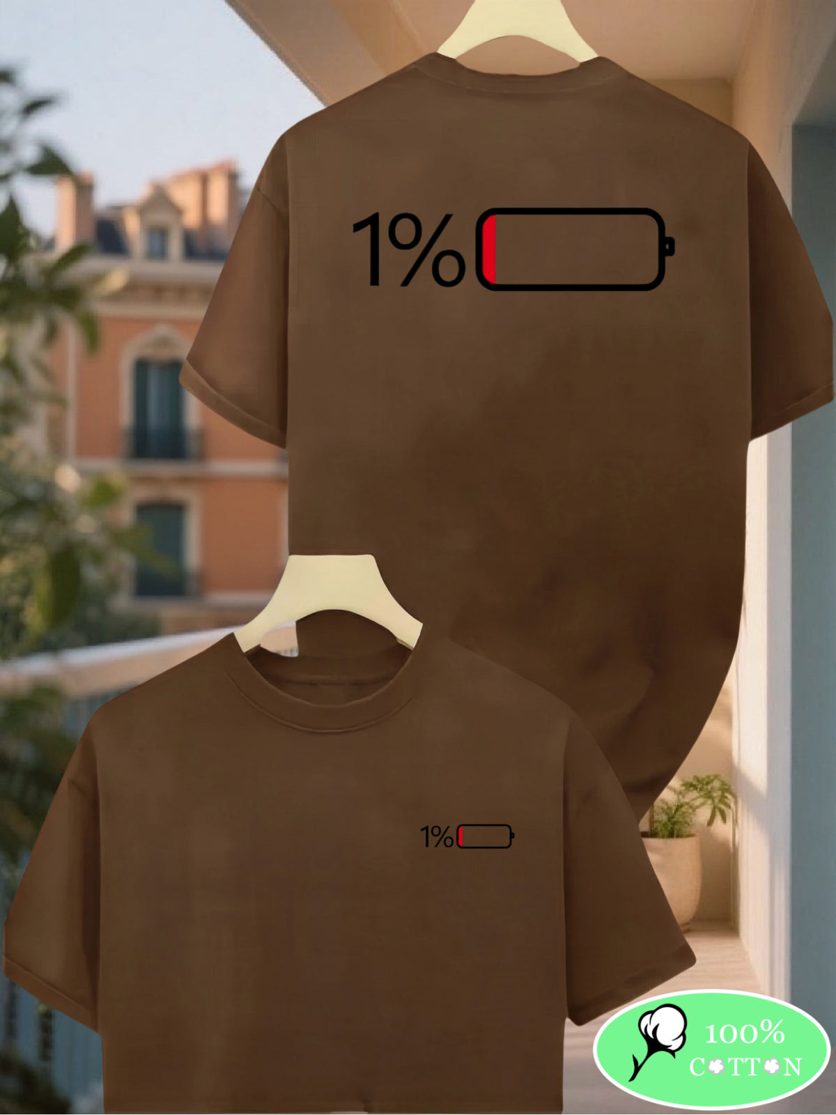 1%[Double-Sided Print]100% Men'S T-Shirt, Casual Versatile Base Layer, Comfortable Sports Top - Dark Brown